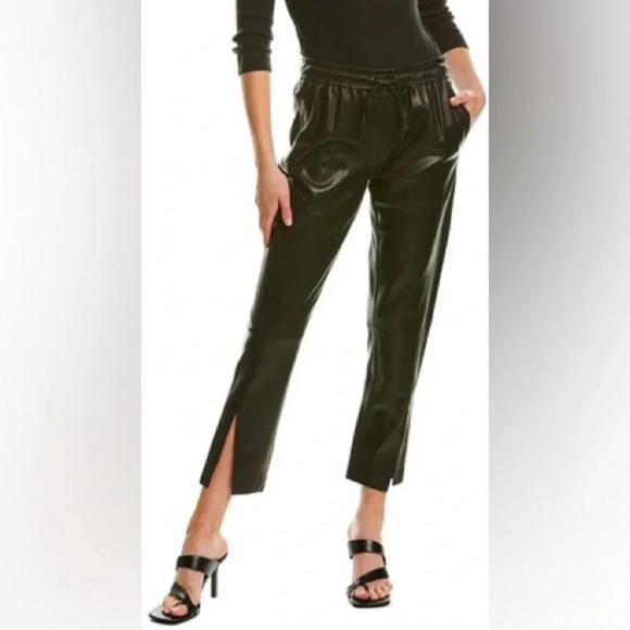 Theory Split hem Ankle Leather Pant Black Slit Pull On Straight Leg size 00 - Picture 15 of 15